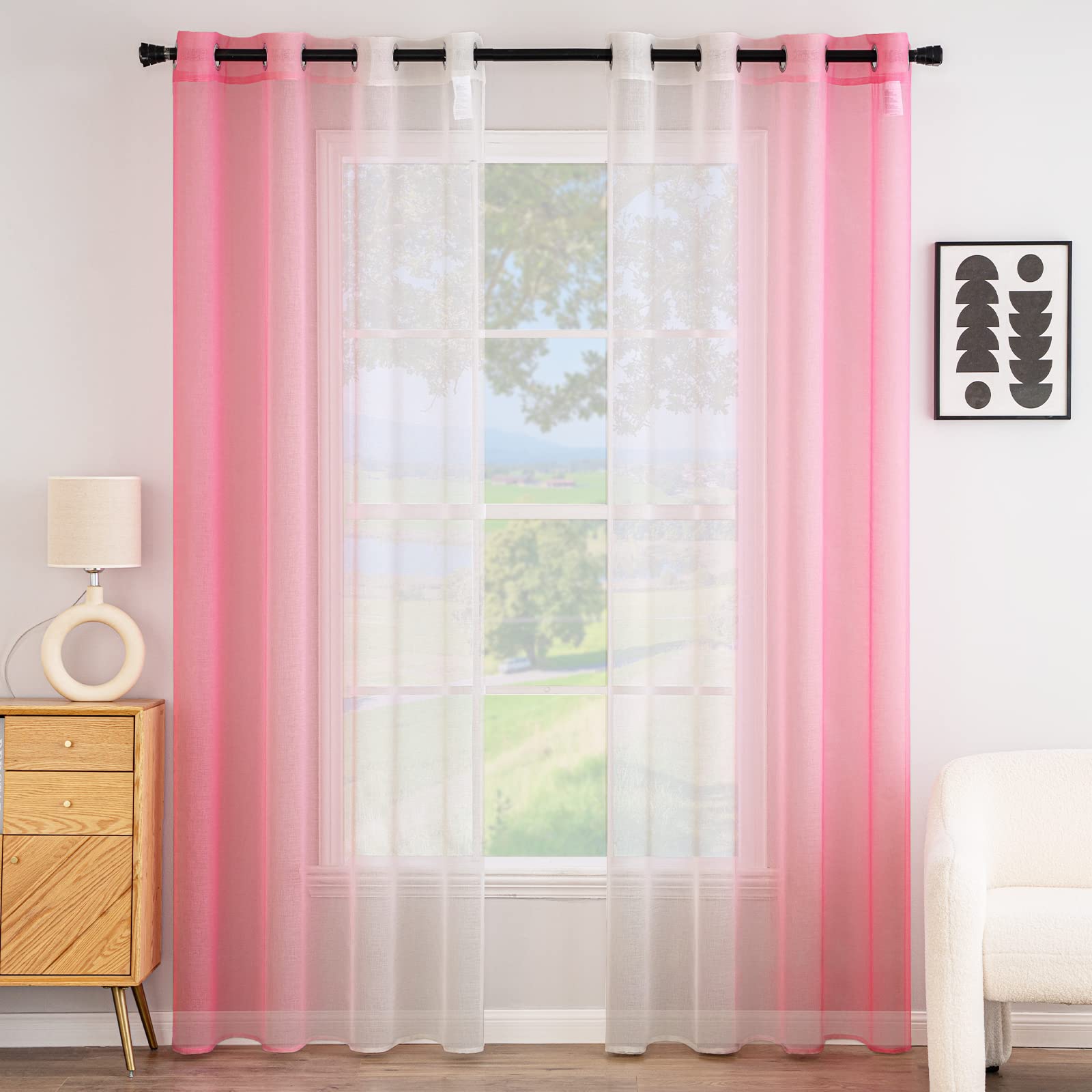 EMEMA Cortina Gradiente Horizontal Translúcida Visillo Moderno Degradado Gasa para Ventanas Habitación Dormitorio Cocina Sala de Estar 2 Piezas 140x175cm Rosa