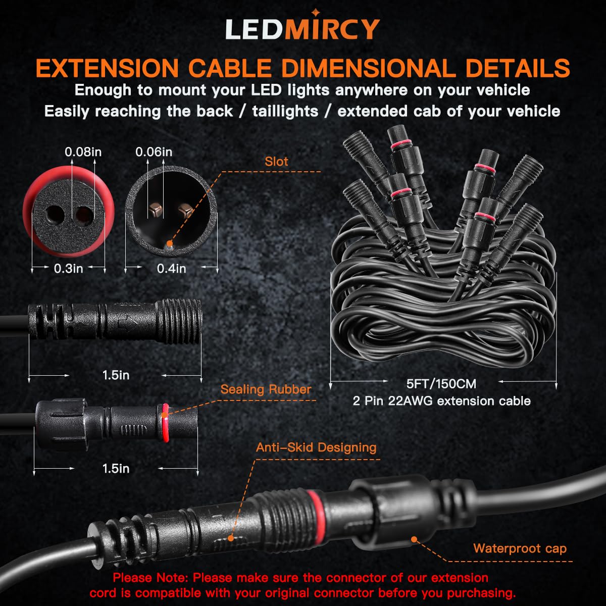 LEDMIRCY LED Rock Lights Extension Cable 2 Pins Wire Connectors 6PCS 5ft 22AWG Female Male Waterproof Extension Cable 11mm Nut Small Size for LED Strip Light Driving Fog Lights(Only for Single Color)