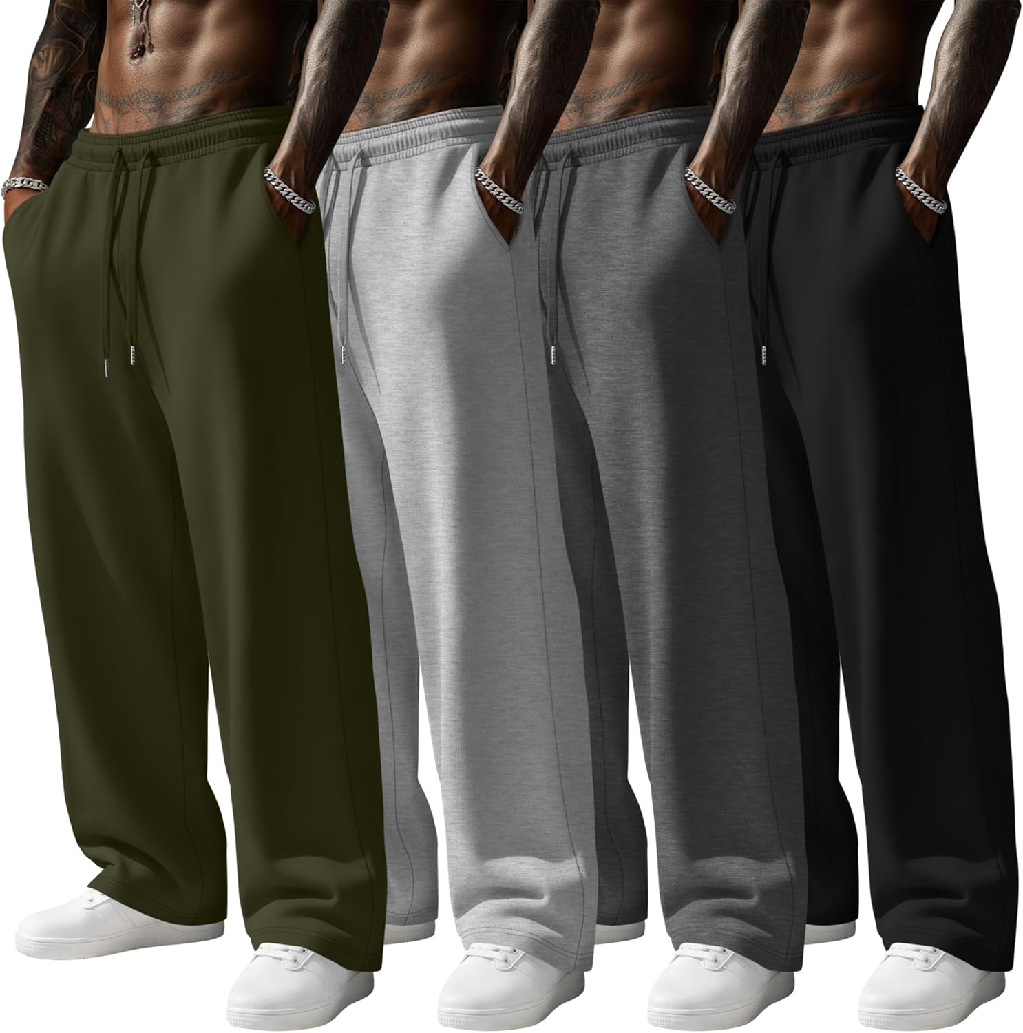 4 Pack Men's Sweatpants Wide Leg Open Bottom Baggy Drawstring Joggers Athletic Lounge Pants with Pockets