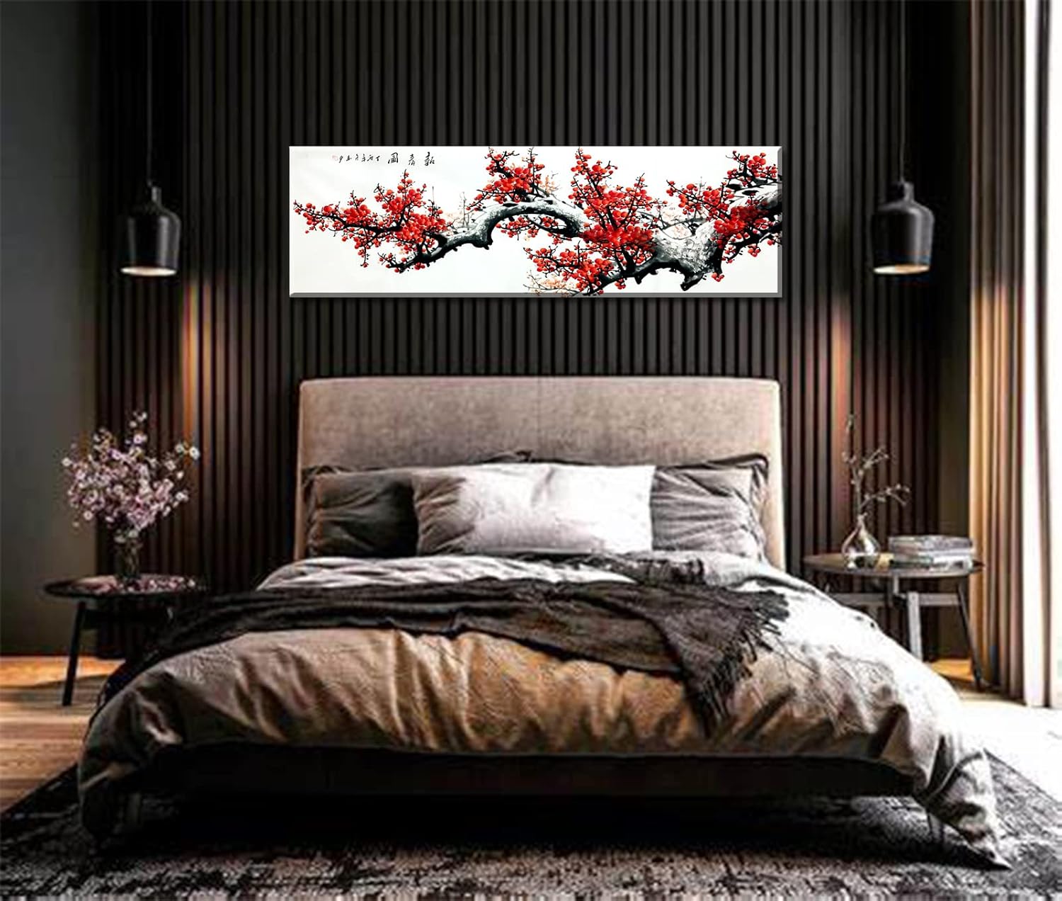 JiazuGo Asian Wall Art Chinese Painting Decor Oriental Red Plum Blossom Canvas Pictures for Bedroom Wall Decor Chinese Ink Painting Home Decor for Living Room Modern Artwork 13.7"×45.3"