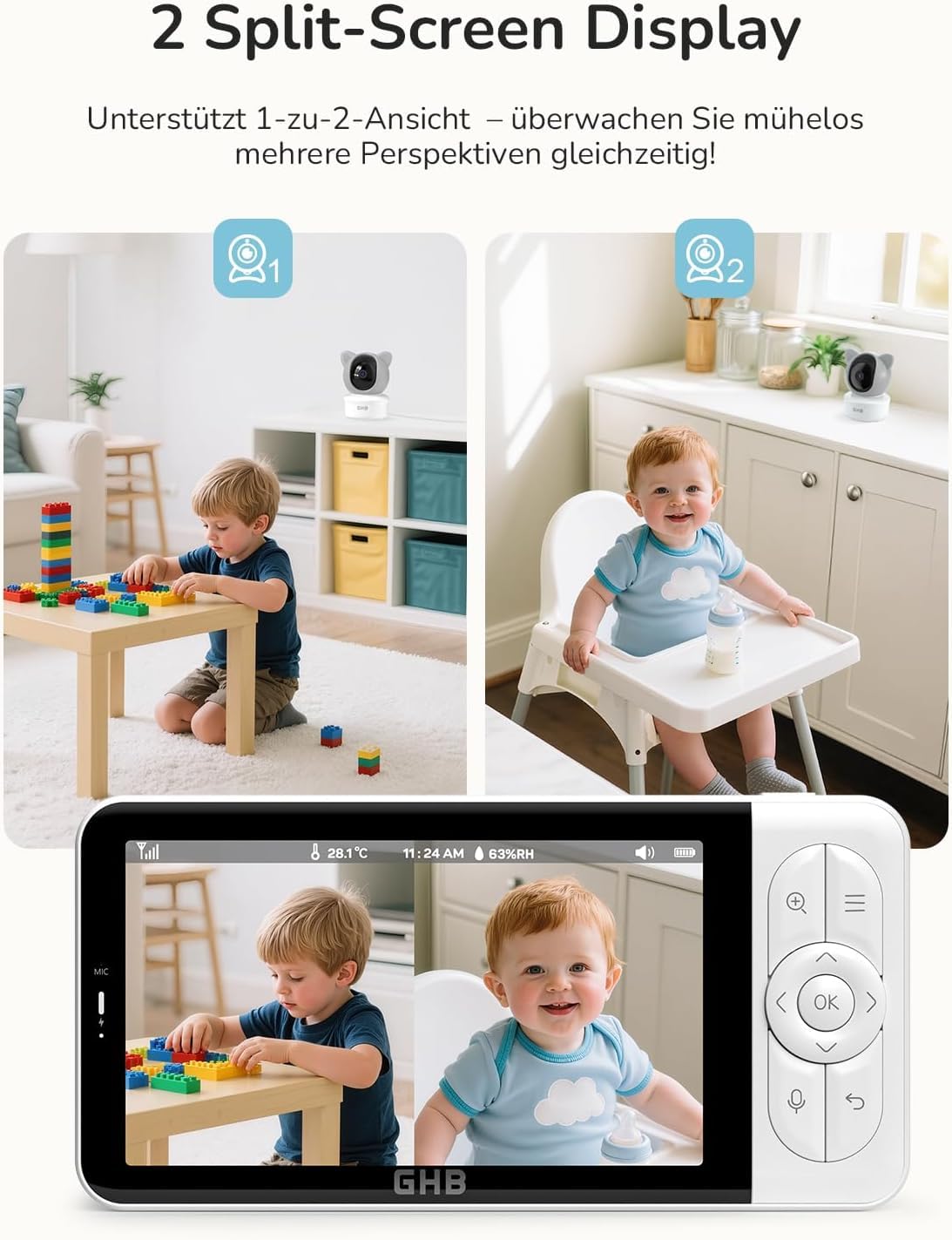 GHB Babyphone mit Kamera App WiFi IPS 5 Zoll 2K WLAN Babyphone PTZ 350°/65° Bewegungs-/Geräusch-/Weinerkennung Nachtsicht VOX 4 Zoom