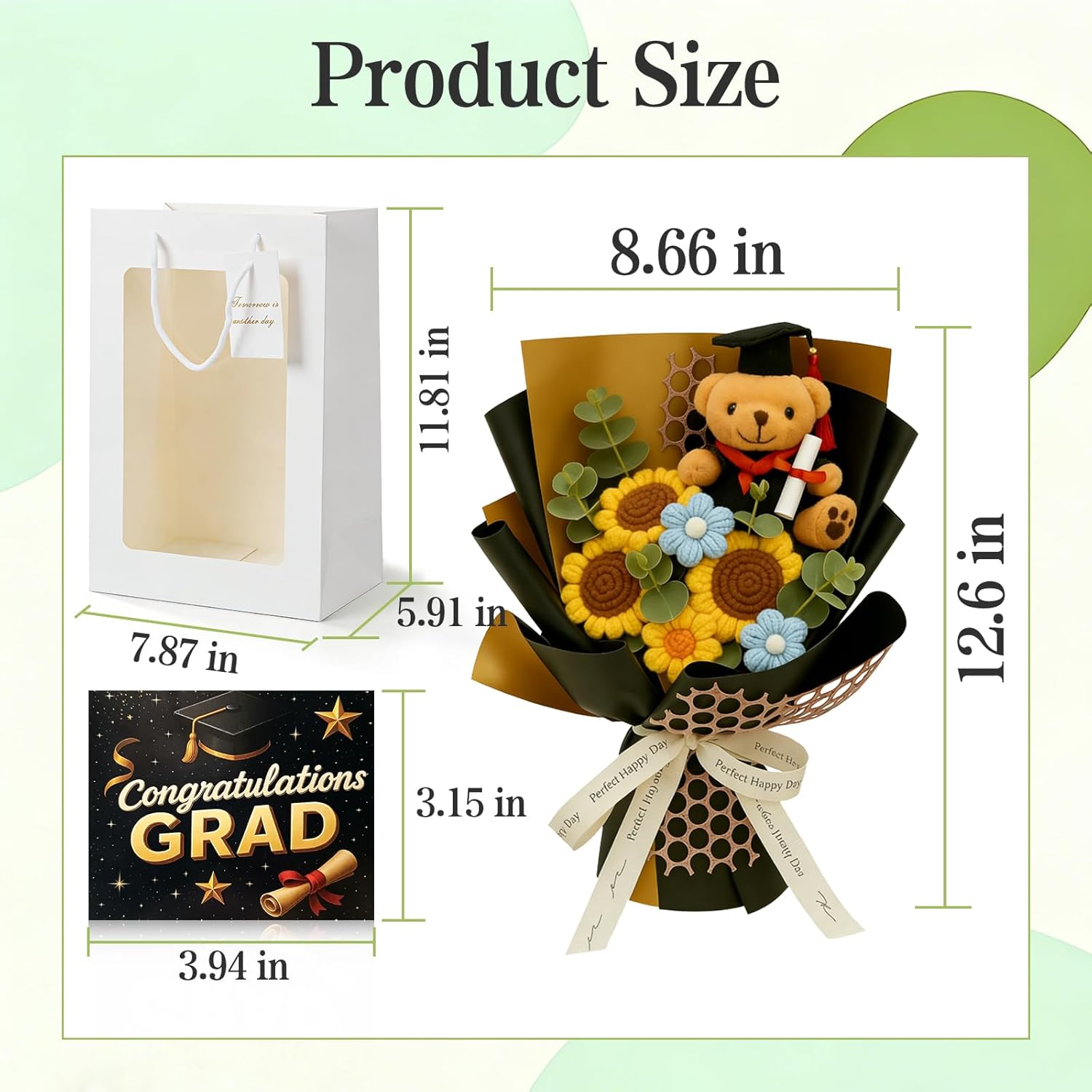Graduation Bear Crochet Flower Bouquet Set, Crochet Sunflower, Class of 2026 Grad Ceremony Birthday Gift, with Card & Clear Window Bag, Plush Bouquet for Grad Party Prop and Home Decor