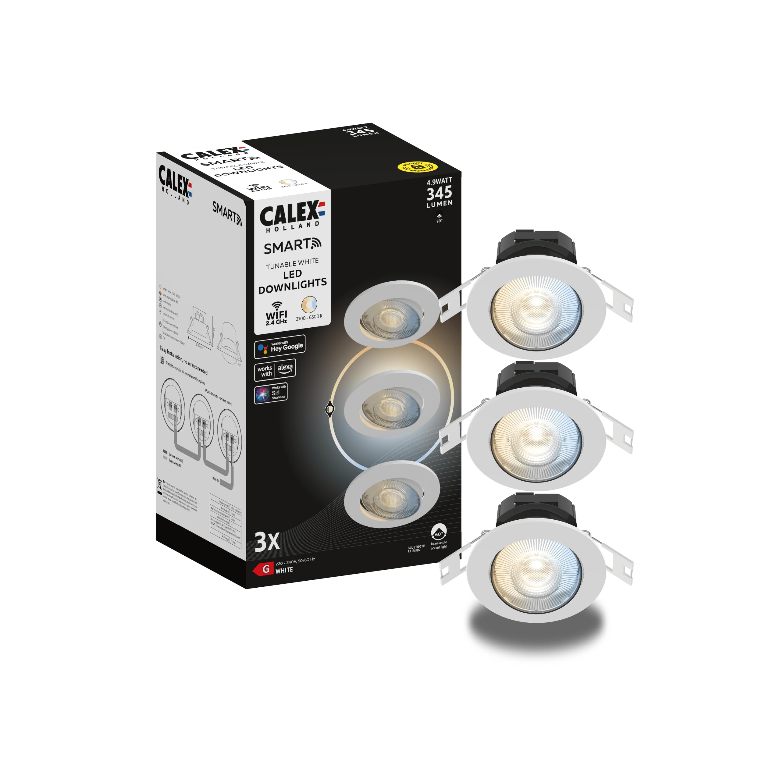 CALEX - Smart LED Downlight White, 3-Pack, WiFi Recessed Ceiling Spot Light, CCT, App and Works with Amazon Alexa and Google Home, Dimmable, 5W