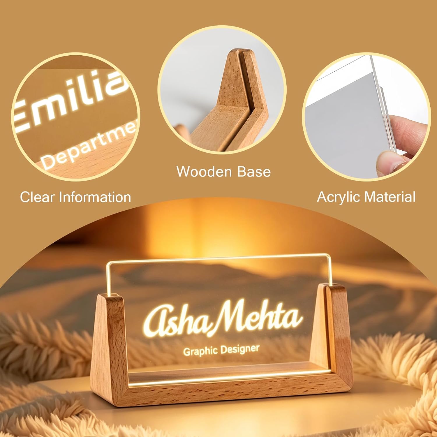 Personalized LED Desk Name Plate, Custom Acrylic Name Sign with Wooden Base Light, Office Gift for Boss Coworker Teacher Employee, Desk Decor image 4