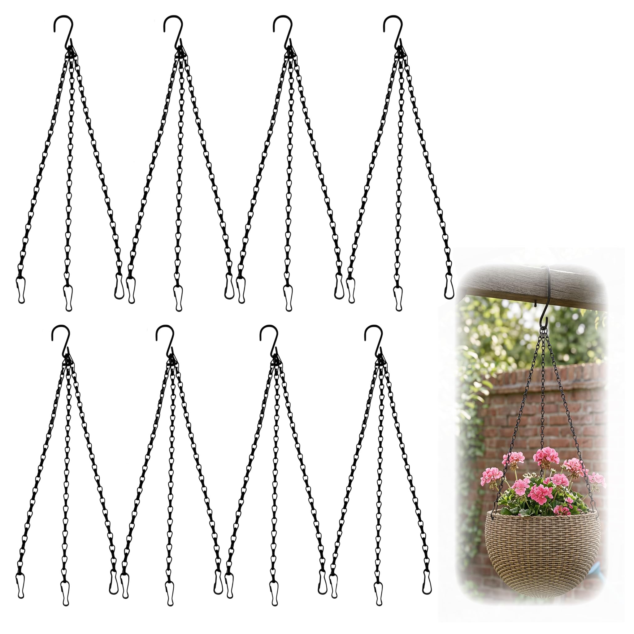 8 Pcs Hanging Basket Chains, 47cm Heavy Duty Black Metal Hanging Basket Chains 3 Point Metal Replacement Chain for Hanging Bird Feeders, Flower pots and Ornament