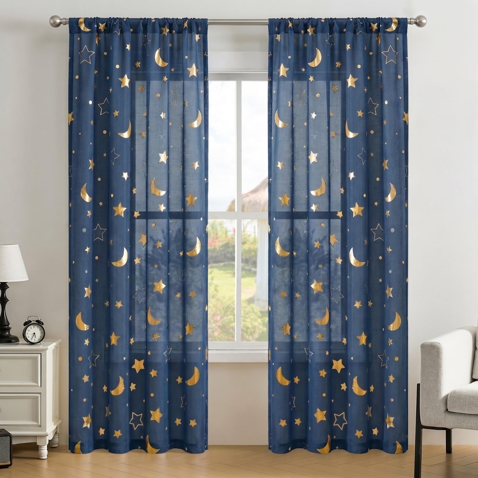 Navy Blue Voile Curtains with Star and Moon for Boys Bedroom 80 inch Drop