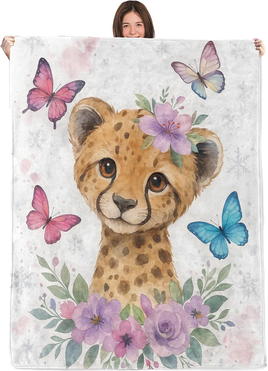 Cute Small Cheetah Blanket,50x60in,Cozy Flannel Throw with Adorable Wild Cat Flower Butterfly Design,Soft Lightweight Gifts Blankets for Kids,Sofa Bed Travel Living Room Decor