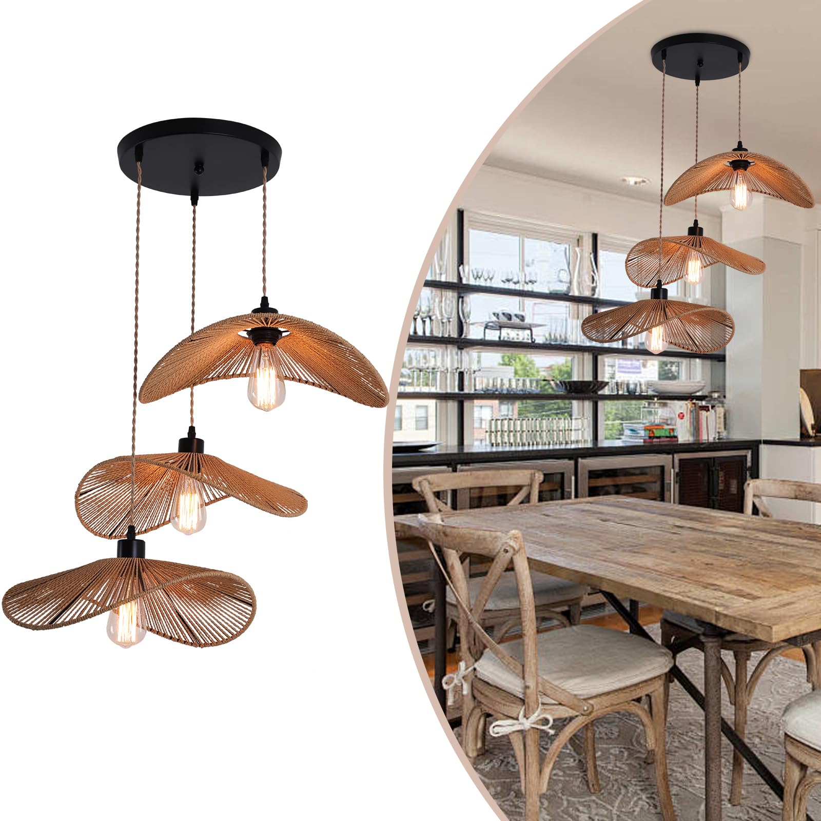 Rattan Pendant Light Boho Hanging Light, 3-Lights Handmade Pendant Light Fixture Adjustable Farmhouse 3 Shade Chandelier for Living Room Dining Room Kitchen Bar coffee Foyer Hallway 41cm