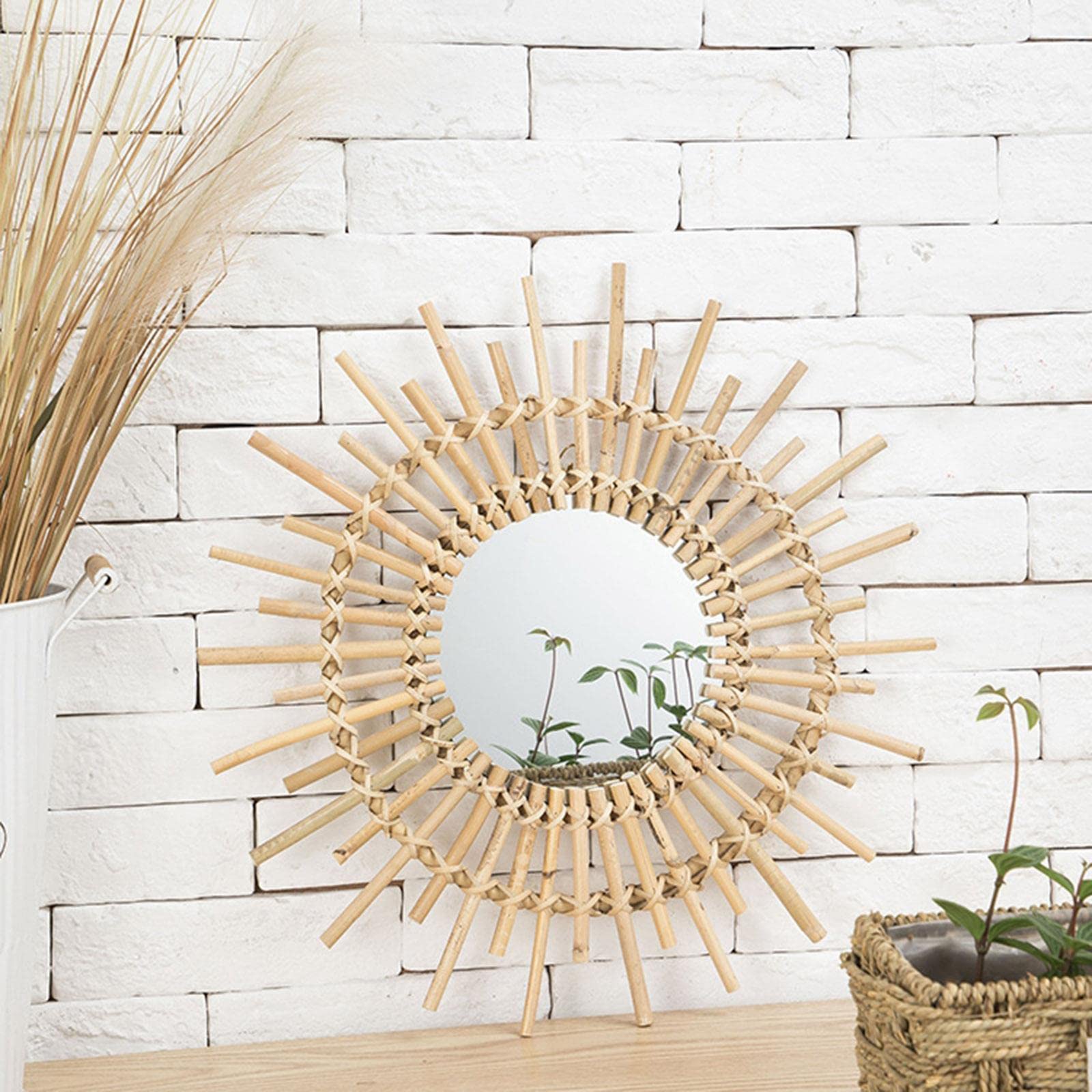 Specchio da Parete Rotondo Fatto a Mano Cornice Intrecciata Leggera Specchio Decorativo Stile Rustico Adatto per Camera da Letto Soggiorno, L