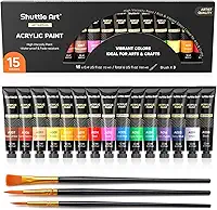 Shuttle Art Conjunto de tinta acrílica, tubos de 15 x 12 ml, pigmentos ricos não tóxicos, cores perfeitas para crianças, adultos, iniciantes, artistas pintando em tela, tecido de argila de madeira,