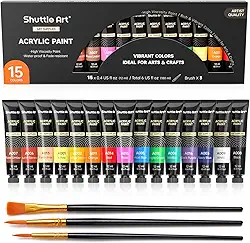 Shuttle Art Conjunto de tinta acrílica, tubos de 15 x 12 ml, pigmentos ricos não tóxicos, cores perfeitas para crianças, adultos, iniciantes, artistas pintando em tela, tecido de argila de madeira,