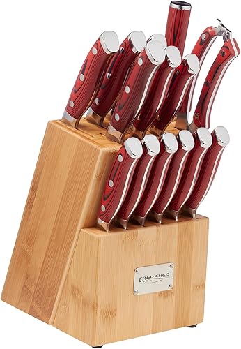 Miniatura 8 de Ergo Chef Crimson Series - Juego de cuchillos de bloque de bambú forjados de alto carbono X50CrMoV15, acero inoxidable alemán, espiga completa, asas