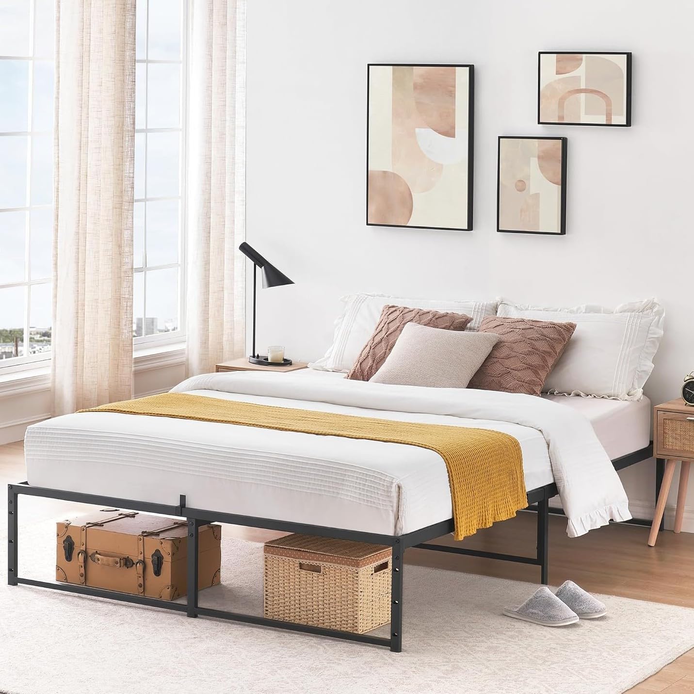 IDEALHOUSE Bed Frame, Queen Metal Bed Frame Platform with Steel Slat Support, 14 Inch High Platform Bed Frame No Box Spring Needed, Under Bed Storage, Easy Assembly, Quiet Sturdy Design