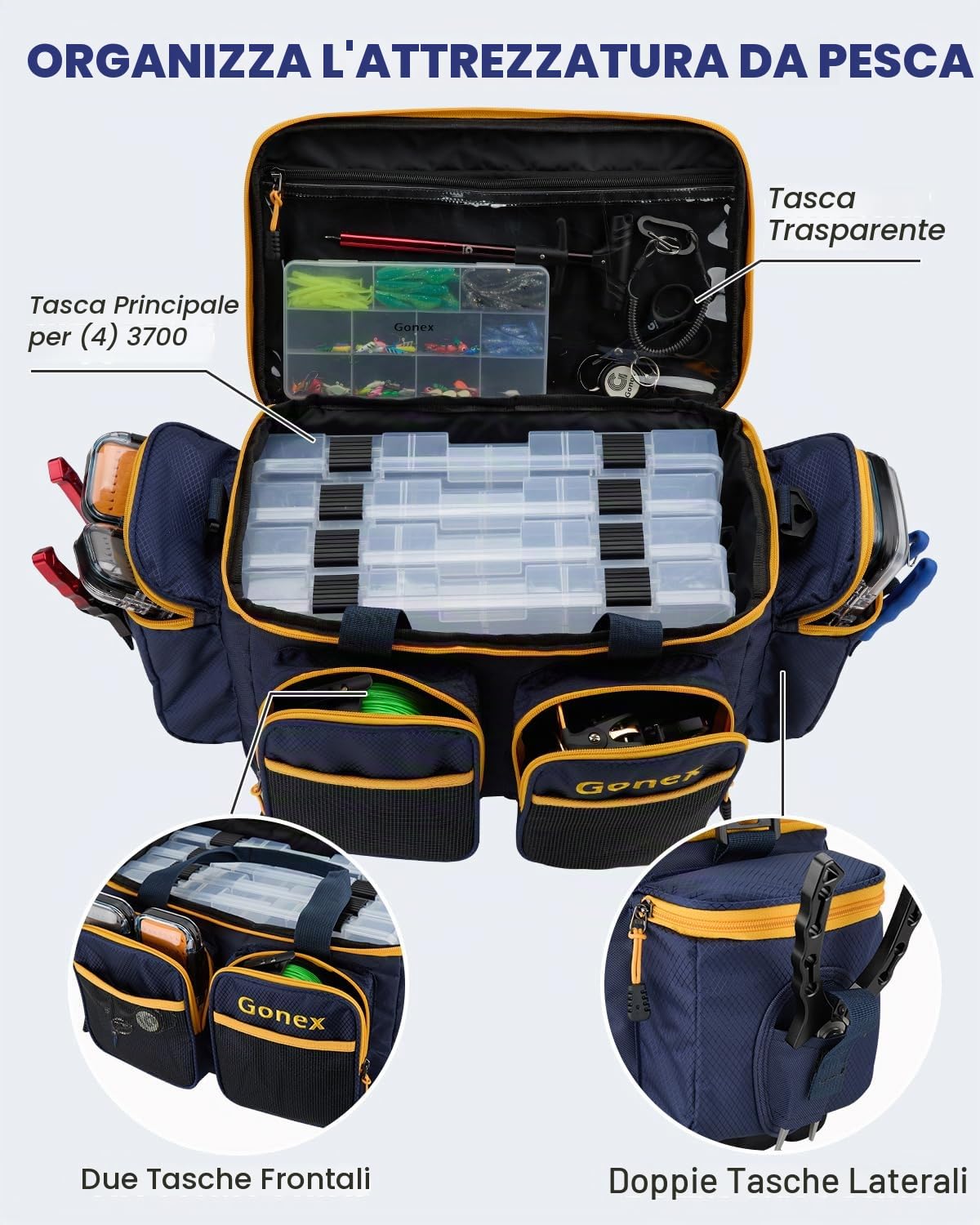 Gonex Borsa per Attrezzatura da Pesca Poliestere Resistente All'acqua con Tracolla Imbottita e Base Antiscivolo Adatta per Scatola per Attrezzatura 3700, Blu