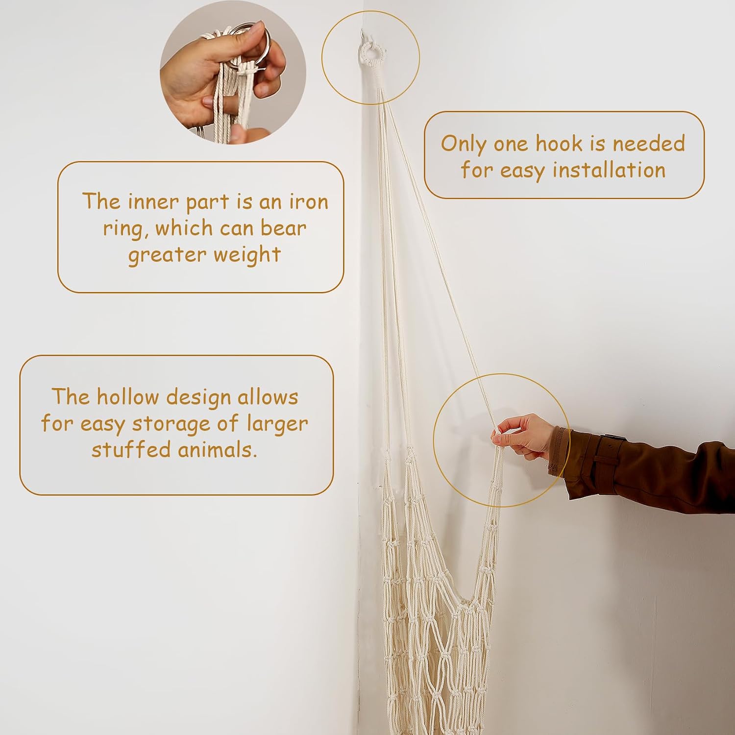 Amdermi Stuffed Animal Storage Hammock Corner Hanging Net Stuffy Animal Hammock Macrame Toy Display Plush Toy Holder for Kid Bedroom Decor Boho Nursery Playroom Organizer (Cream)