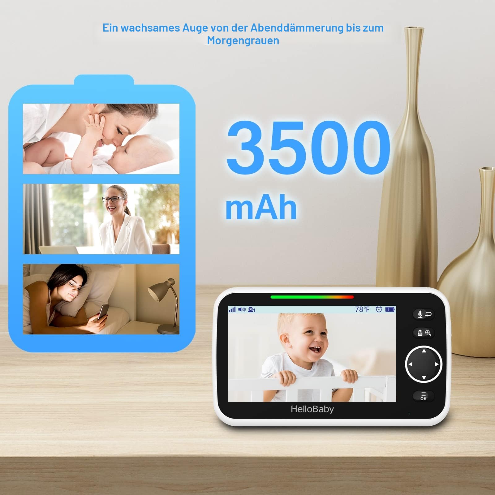 HelloBaby Monitor mit Kamera und Audio, 5-Zoll-Großbildschirm mit 3500-mAh-Akku, Ferngesteuerte Pan-Tilt-Zoom-Kamera, Zwei-Wege-Gespräch, ECO-Modus, automatische Nachtsicht, Reichweite bis zu 293 m