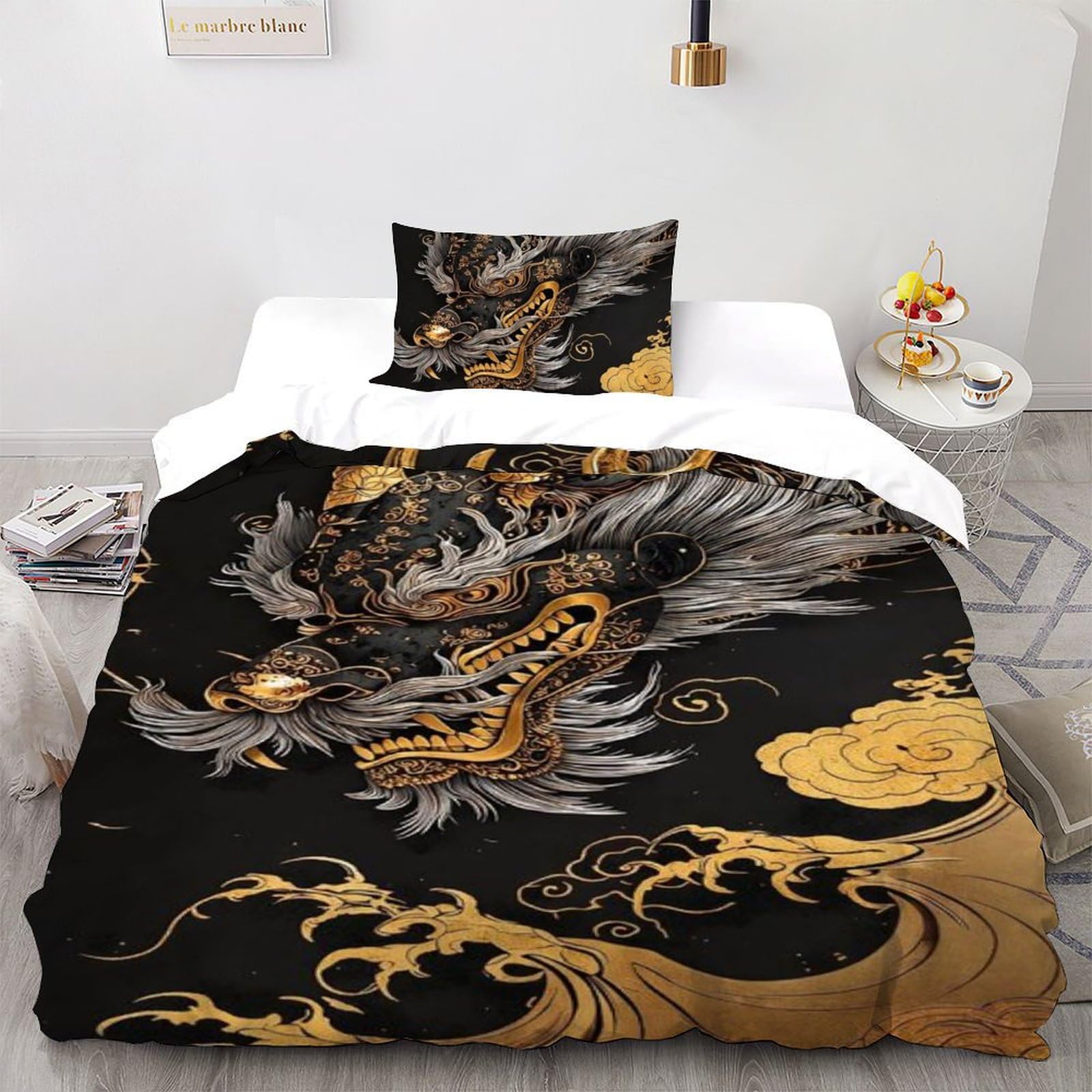 Housse de couette dragon gris en microfibre 135x200cm avec fermeture éclair pour lit simple
