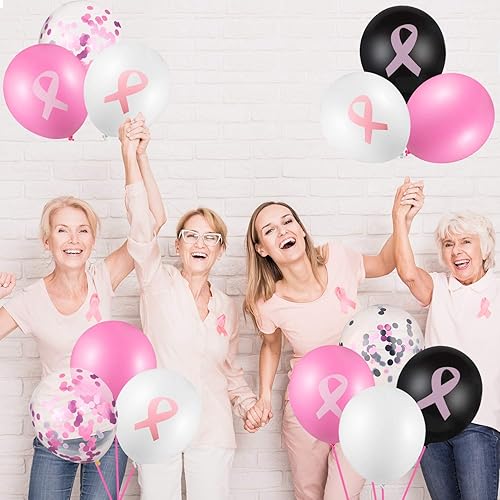 Miniatura 4 de 84 globos de concientización sobre el cáncer de mama, globos de cinta rosa, blanco, negro, globos de látex transparentes de confeti con purpurina
