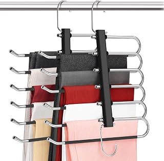 DOIOWN Pants Hangers Space Saving - 2 Pack 6 Tier Open Ended Pants Hangers for Men Women, Non Slip Black Hangers for Pants, Jean, Trouser, Scarf, Multiple Hangers in One, Closet Organizers and Storage