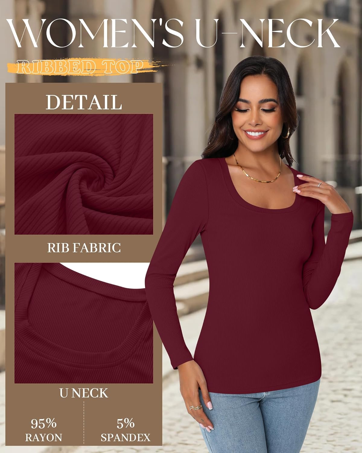 Ficerd 3 Pack Women Long Sleeve Ribbed Tops Scoop Neck T-Shirts Thermal Undershirts Casual Slim Fitted Basic Layer Tees - Image 6