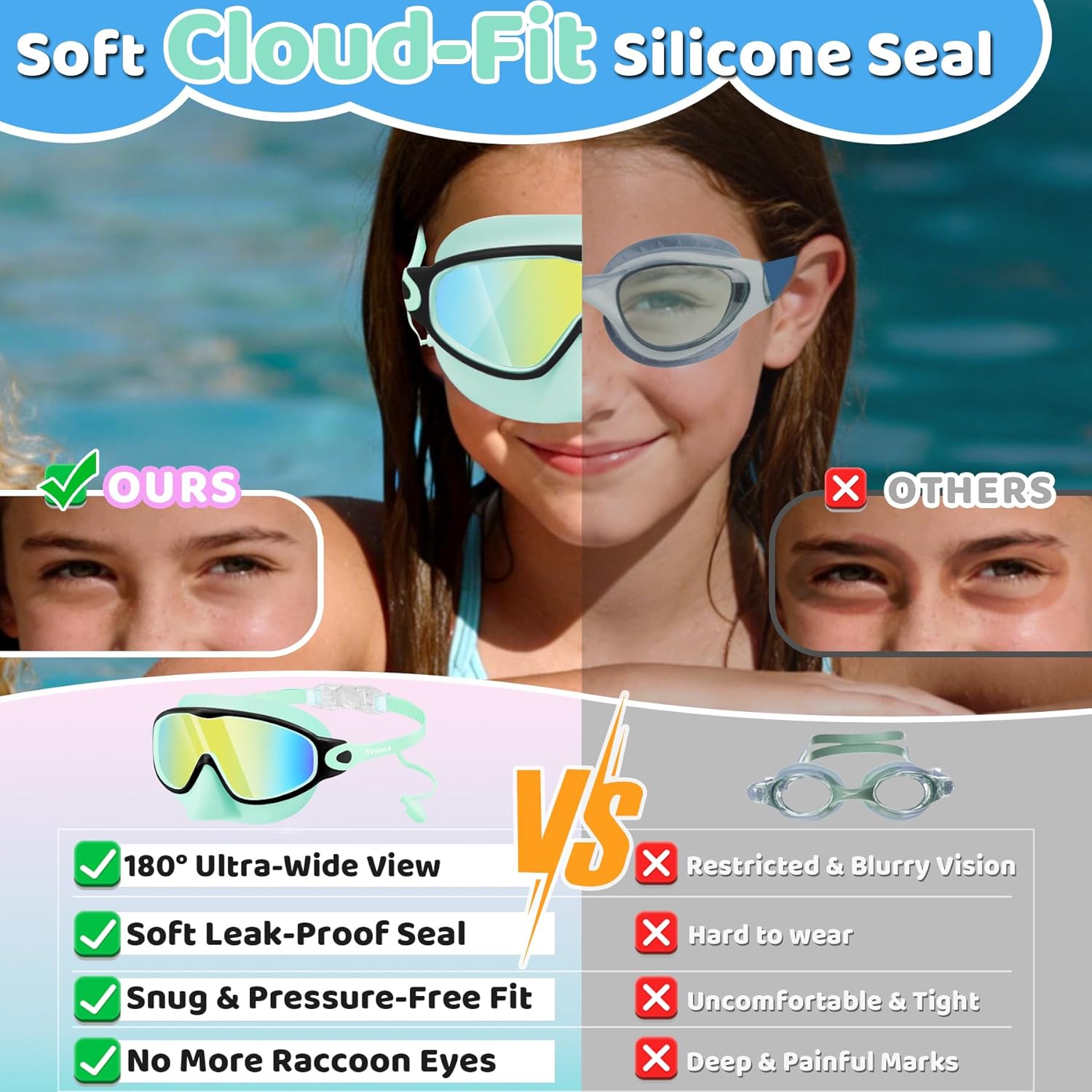 Vvinca Kids Swim Goggles with Nose Cover & Attached Earplugs, Anti-Fog Wide View Swimming Goggles for Boys Girls 3-12