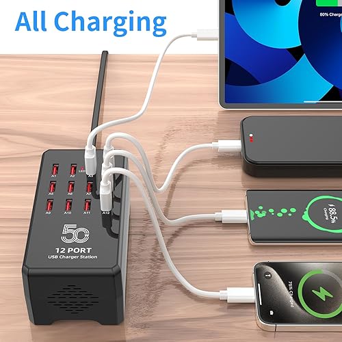 Miniatura 2 de Estación de carga USB para múltiples dispositivos, bloque de cargador de 12 puertos de 50 W, concentrador de carga USB portátil compatible con