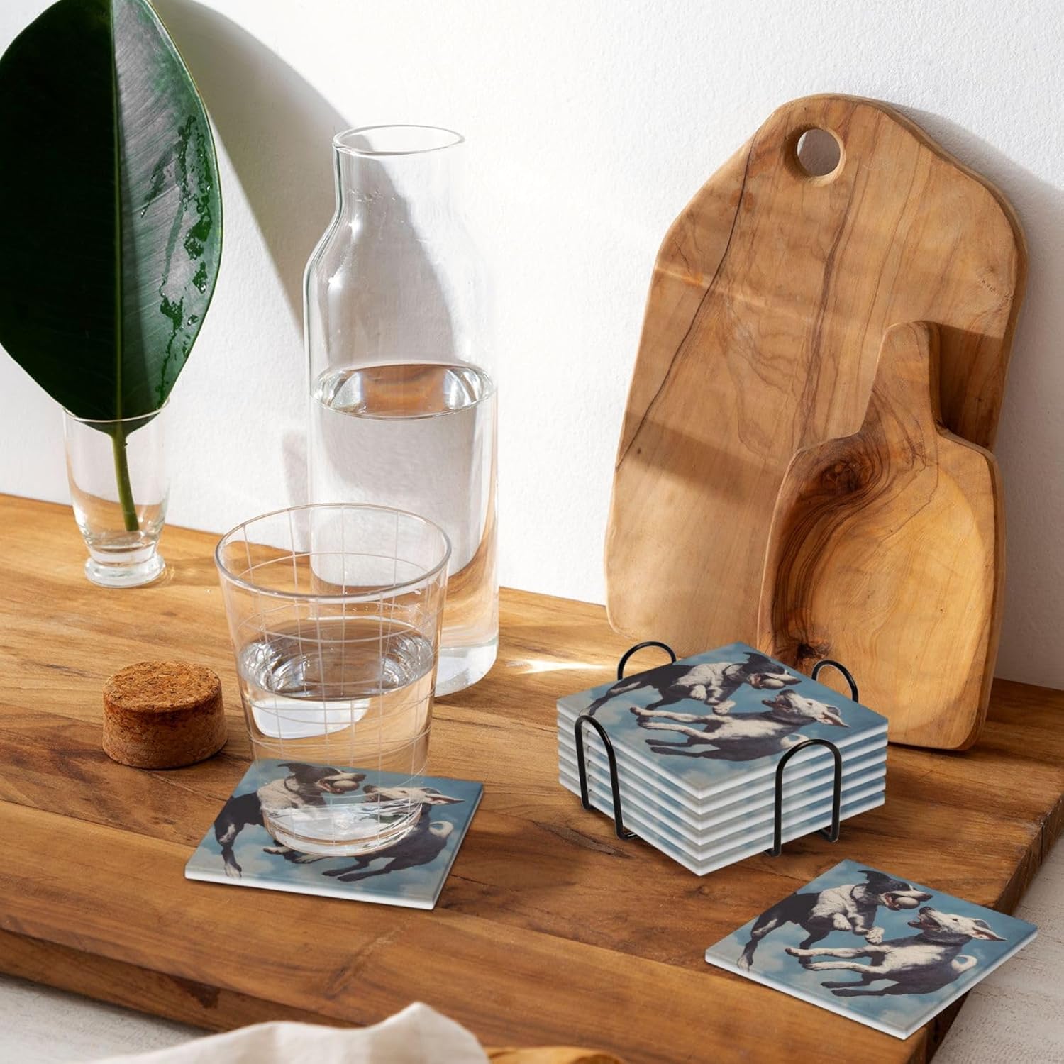 (Dogs Playing) Ceramic Coasters Set of 6 with Holder Non-Slip Square Coffee Coasters for for Cup Mug Drink Patio Coffee Table Decor, Christmas Coasters Home Bar Supplies