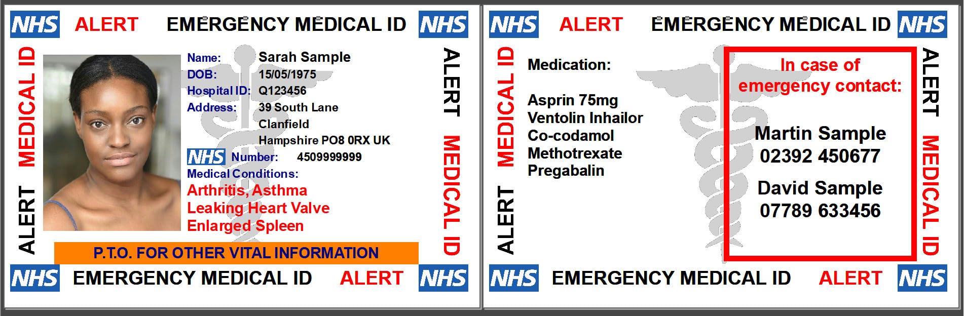 Emergency Medical Information and Contact Card - PVC CR80 Card 85 x 54 mm
