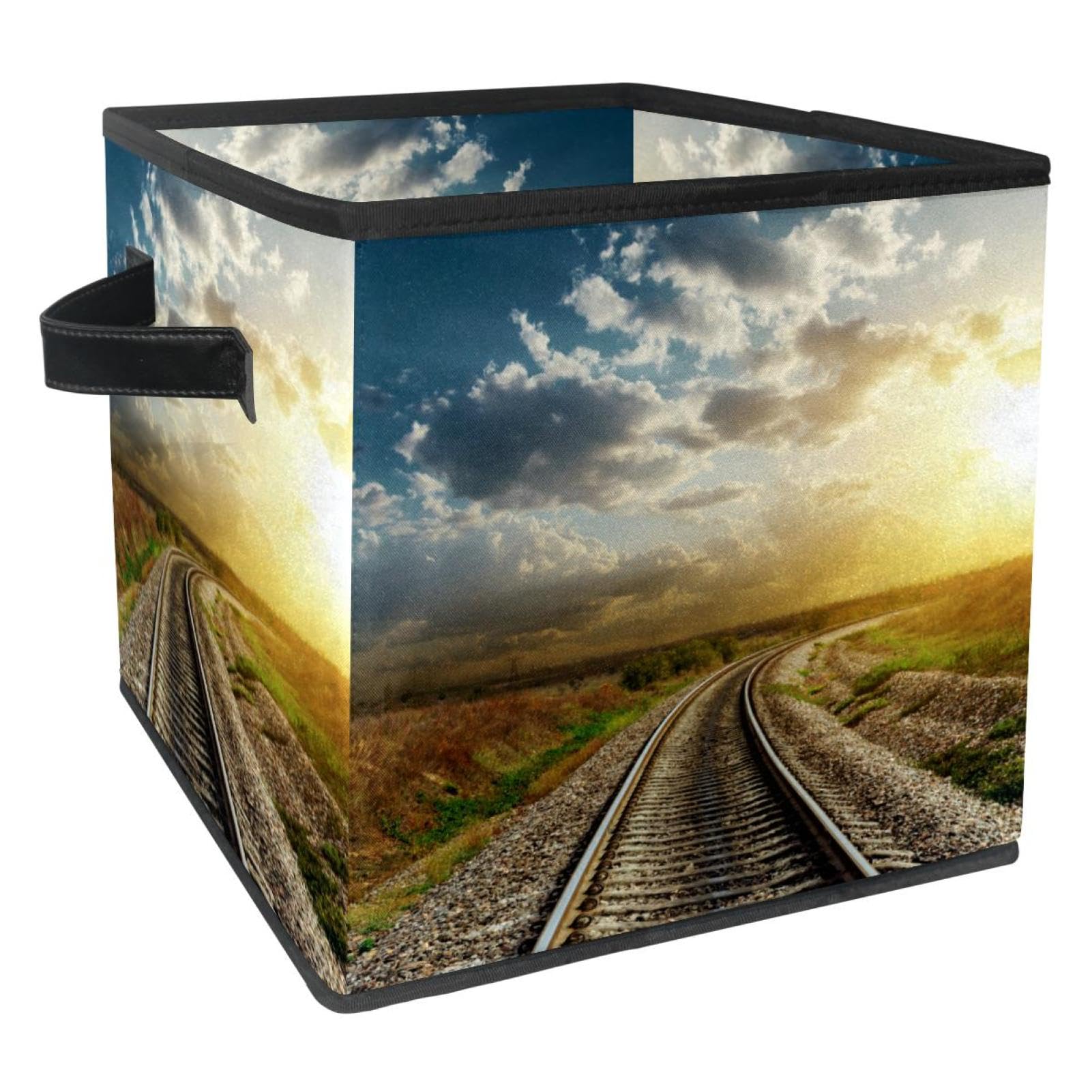 Cube de rangement pliable avec poignées, bac en tissu au design train couchant idéal pour jouets
