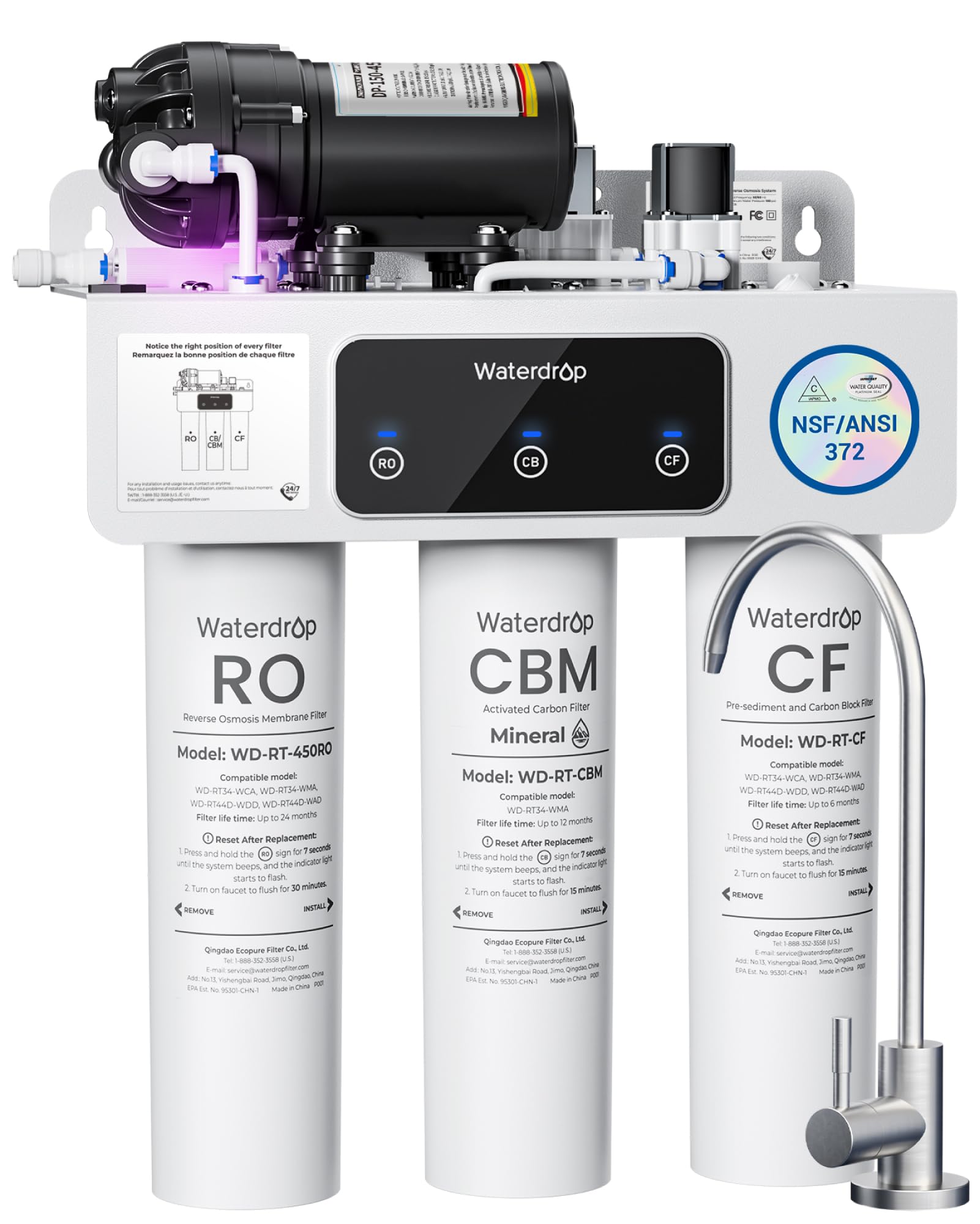 Waterdrop WD-T3-M Remineralization Reverse Osmosis Water Filter, NSF/ANSI 372 Certified, 9-Stage Undersink RO System, 450G Tankless RO Water Filtration System, 2:1 Pure to Drain, Plug-in Req