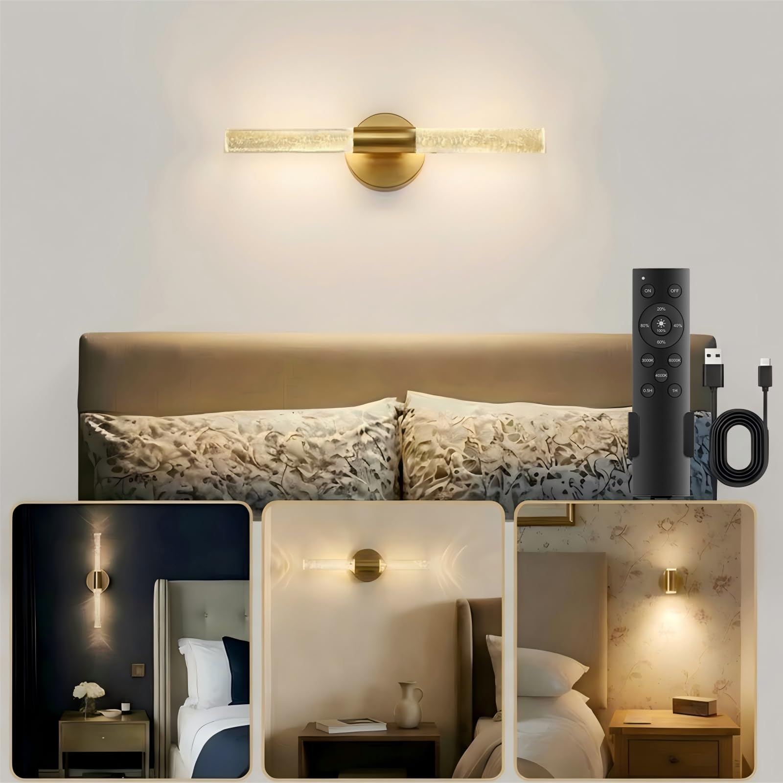 Crystal LED Rechargeable Wall lights, Battery Operated Wall Light with Dual Tubes, Remote Control, 3 Color Temperatures, 10%-100% Dimmable, Timer, 4000mAh Battery,Indoor for Bedroom, Hallway, Mirror