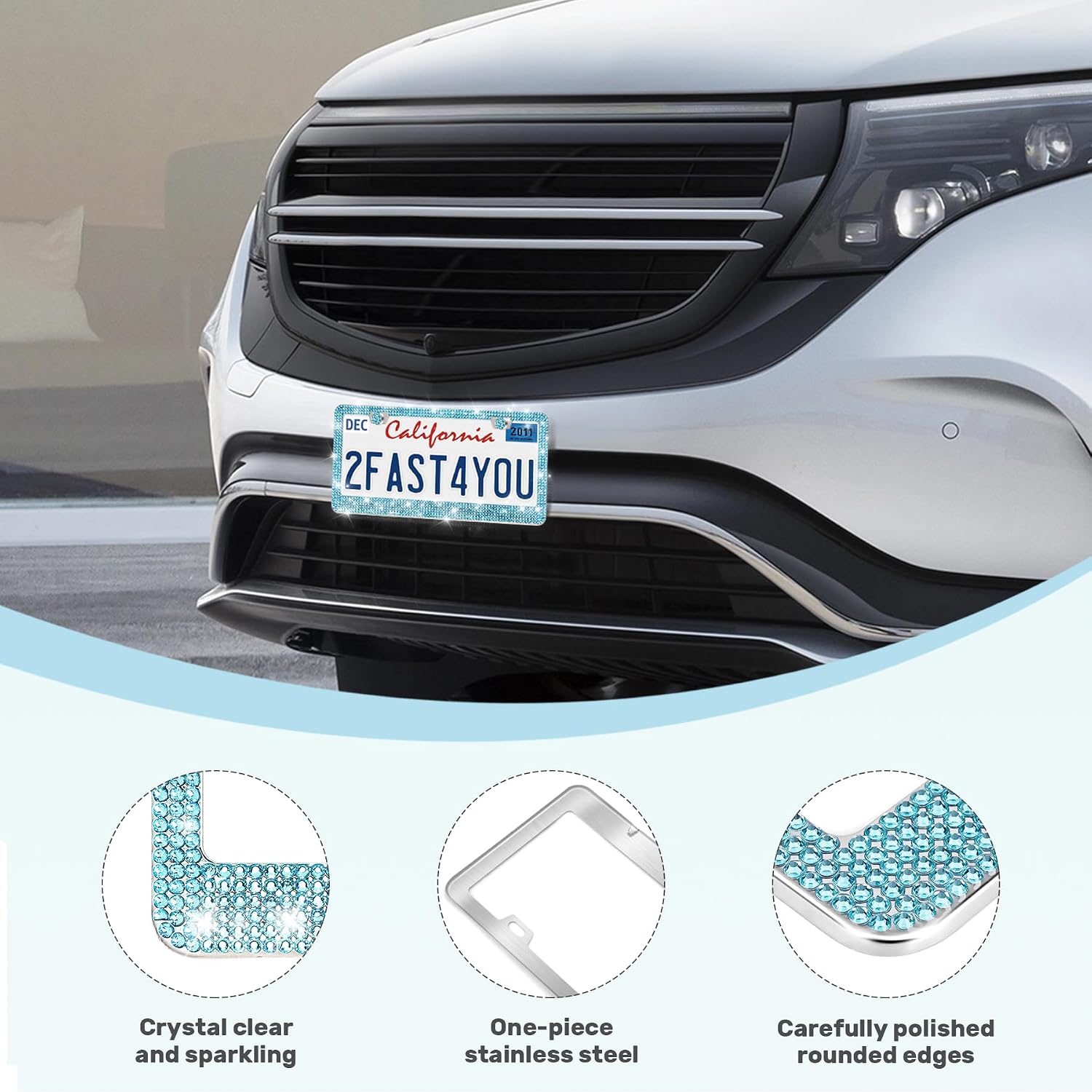 QUANQIUFEI 2 Pack Bling License Plate Frames, Sparkly Rhinestone Diamond Car License Plate Cover for Women, Stainless Steel Car Accessories with Glitter Crystal Caps (Aqua Bohemica)