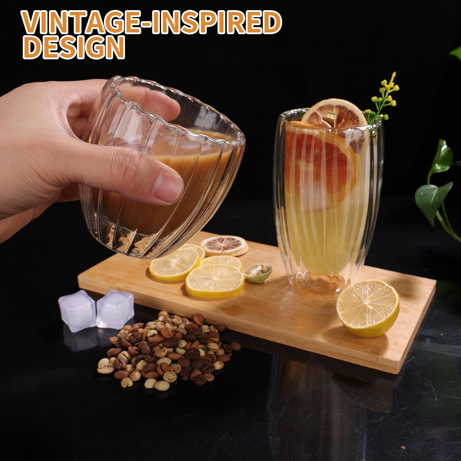 Set of 4 Double Walled Glass Coffee Cups, 2 Thermo Espresso Glasses 9oz & 2 Ribbed Glassware 15oz, Fluted Dsesign, Insulated Coffee Mugs, for Iced Coffee, Latte, Cappuccino, Water, Gift