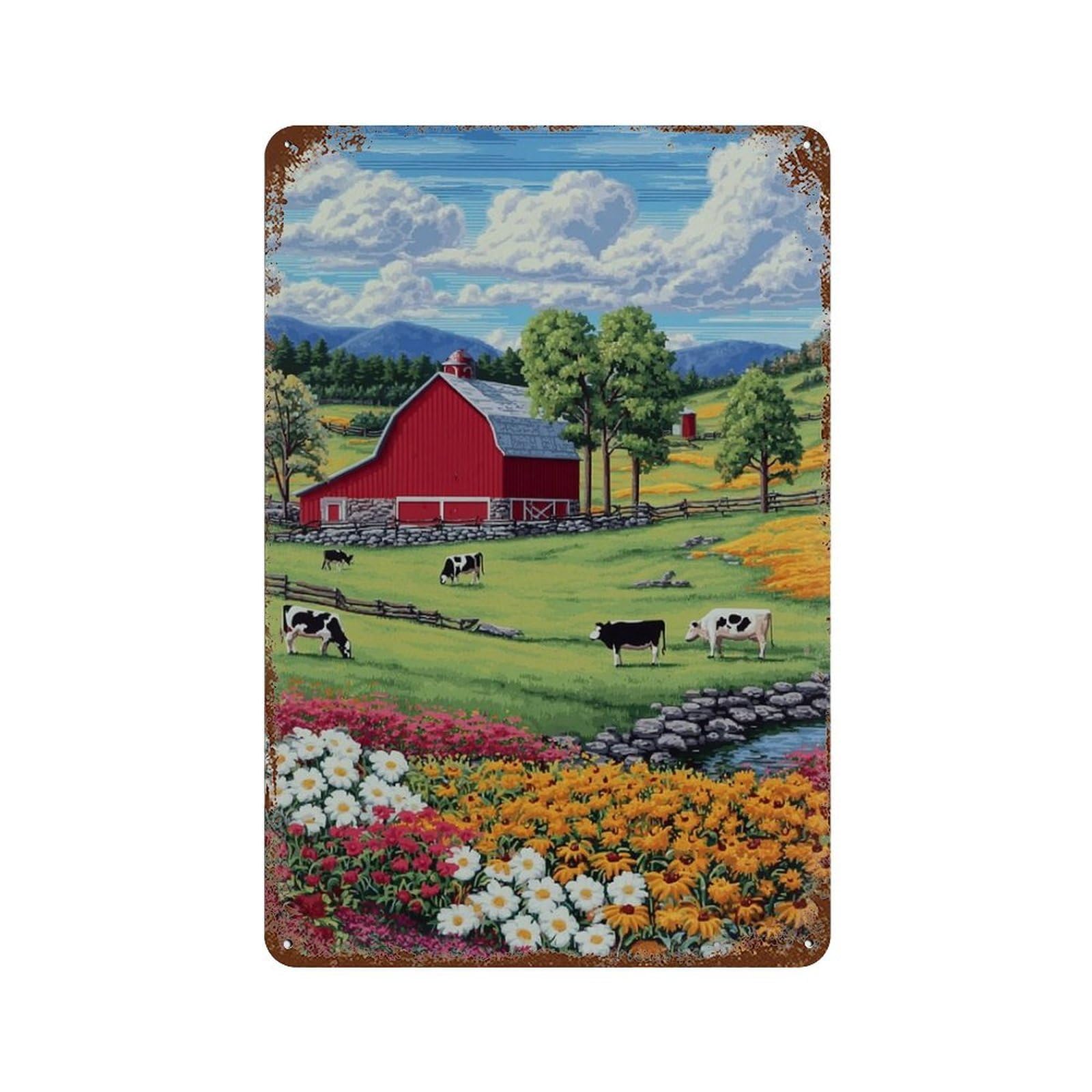 Farm Scene with Red Barn Aged Metal Wall Plaque 11.8"x7.9", for Office, Studio And Wall Decor, Novelty Wall Decor