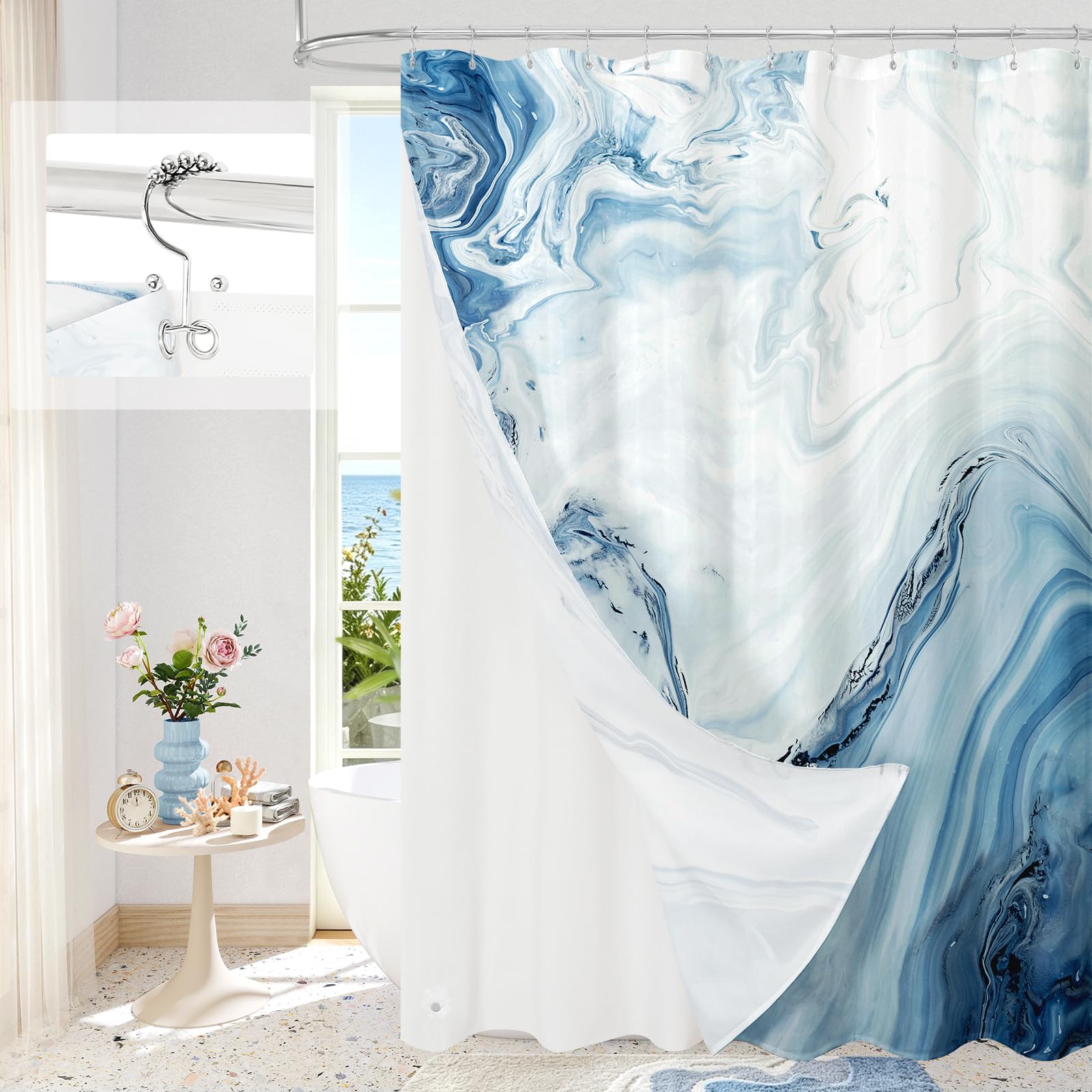 MitoVilla 3 in 1 Blue Marble Shower Curtain Set