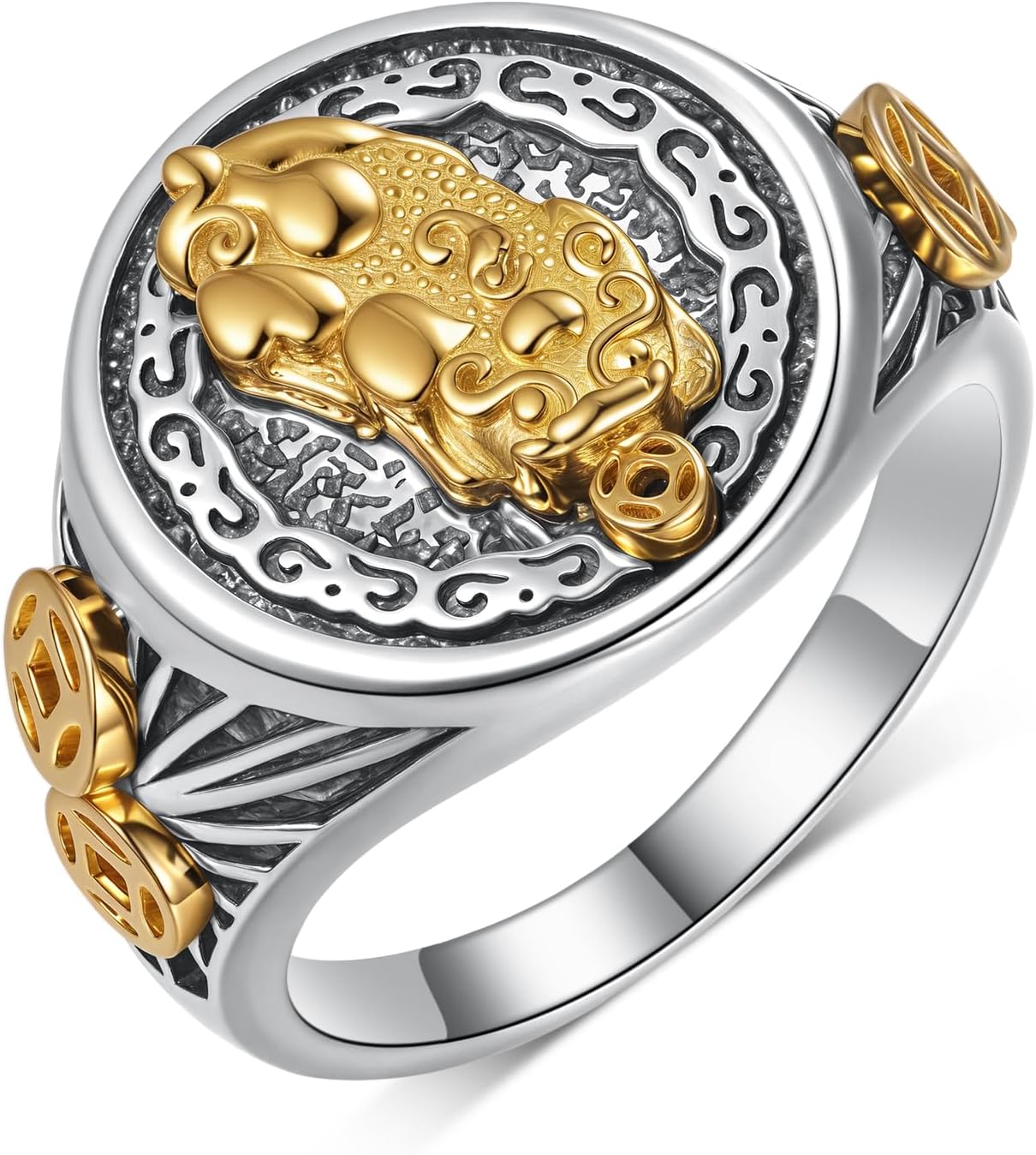 Feng Shui Ring for Men - 925 Sterling Silver Real Gold Plated Pixiu Ring - Wealth Protection Talisman - Chinese Fengshui Jewelry Gifts for Success & Fortune