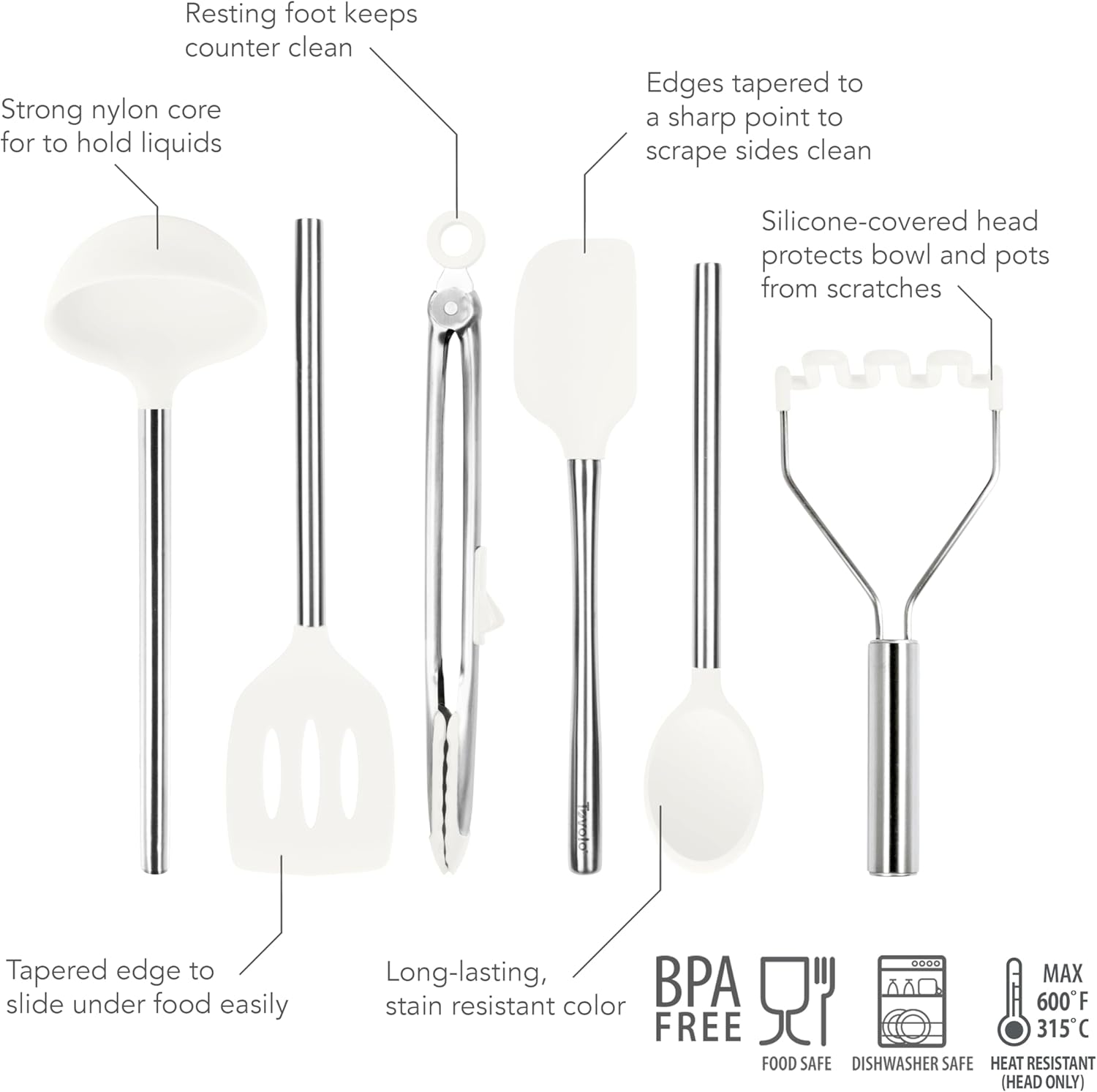Tovolo Silicone Cooking Utensil Set of 6 Stainless Steel Handle Ladle Slotted Turner Tongs Flex Core Spatula Scraper Mixing Spoon & Potato Masher, Dishwasher Safe BPA Free Utensils, White