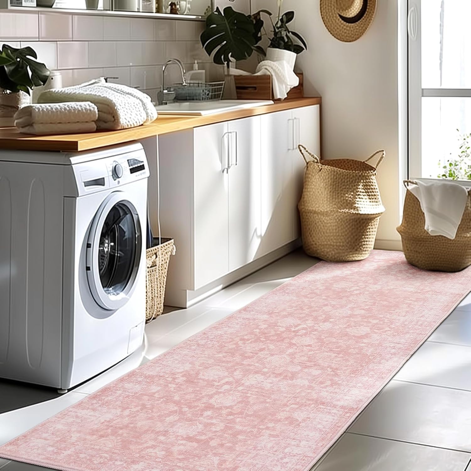 FROZZUR 2x6 Boho Pink Runner Rug Vintage Farmhouse Hallway Entryway Rugs for Kitchen Bedroom Non Slip, Washable Boho Carpet for Home Decor Pink