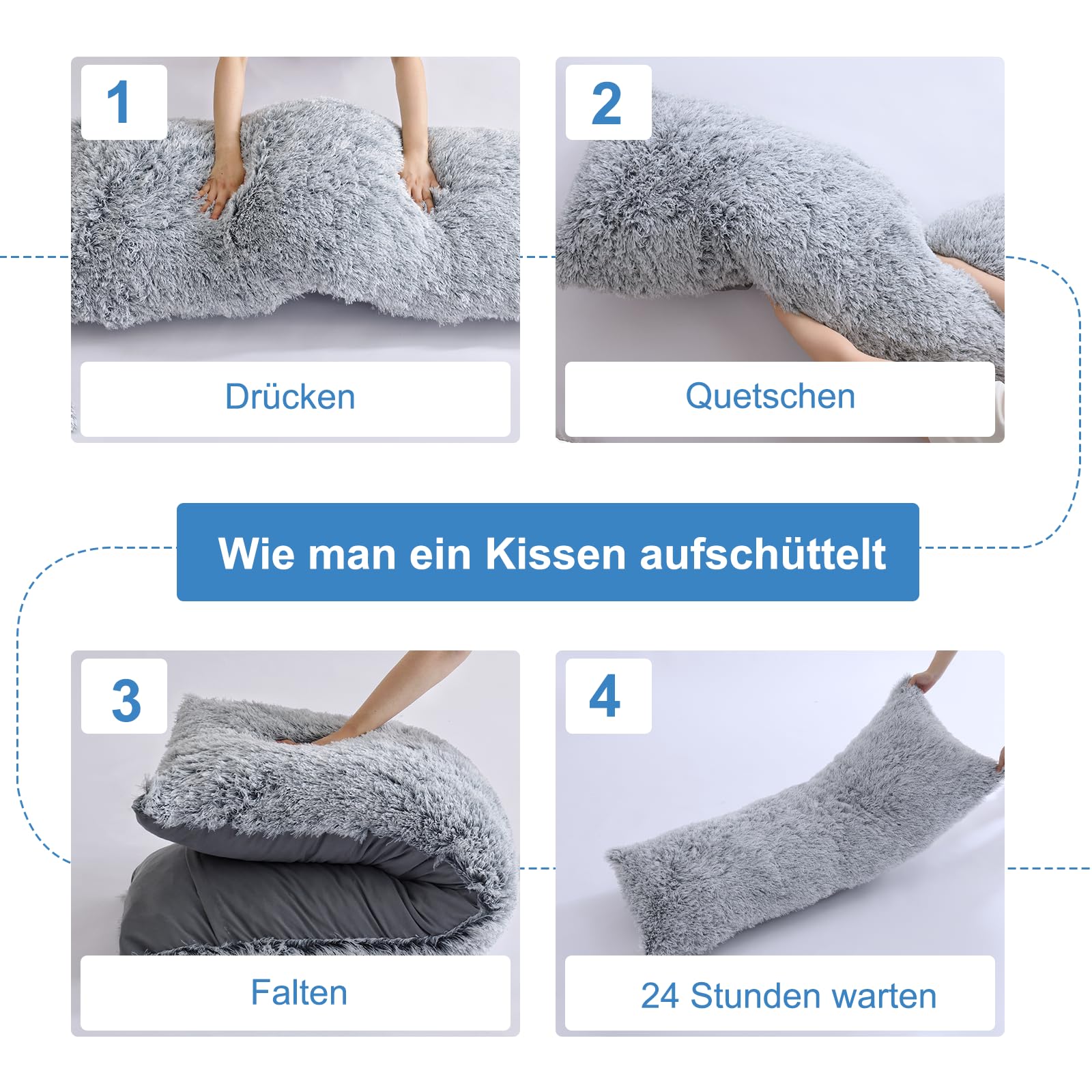 Memory Foam Seitenschläferkissen für Erwachsene – 2,65KG Ganzkörperkissen mit Plüsch Abnehmbarem Bezug, Warm Kuschelig Schwangerschaftskissen Schlafkissen und Stillkissen, Grau, 136x51 cm
