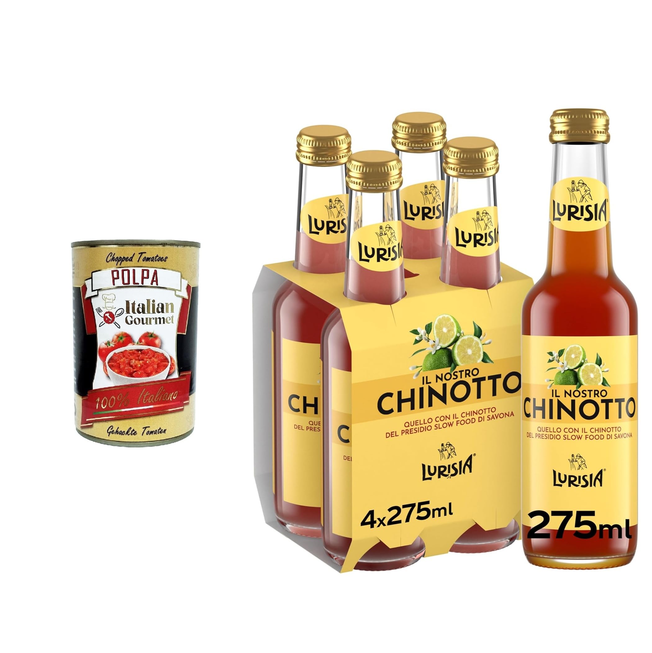 Italian Gourmet Lurisia Il Nostro Chinotto 24 x 275 ml – Boisson Gazeuse Italienne au Chinotto – Bouteilles en Verre + Italian Gourmet Polpa de Tomates 400 g