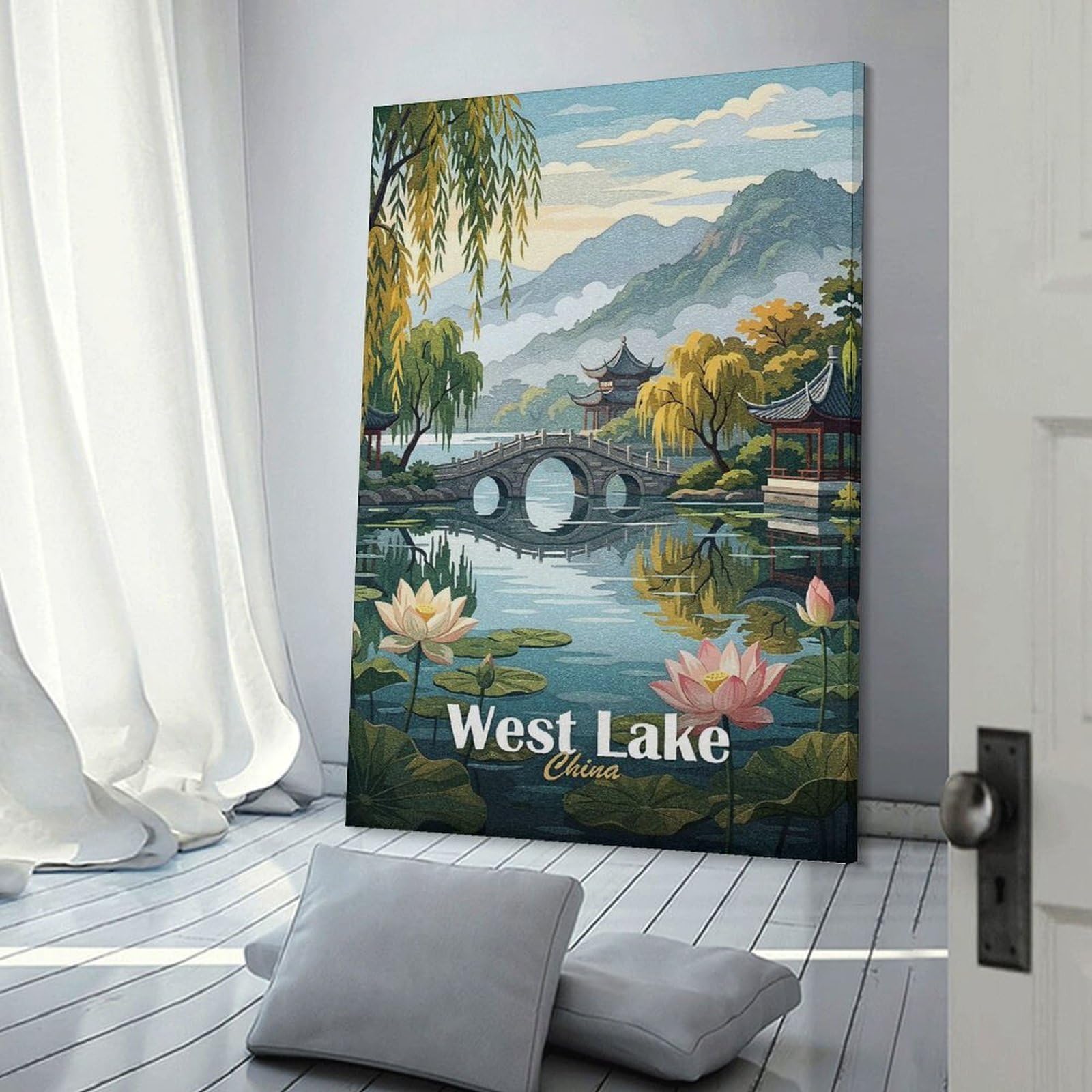 Junmoney Frame-Style-7 West Lake China Landscape Art Wall Art Print, 24X36inch(60X90cm), For Entryway, Lounge Links Or Small Walls, Decorative Canvas Styling For Entry Areas