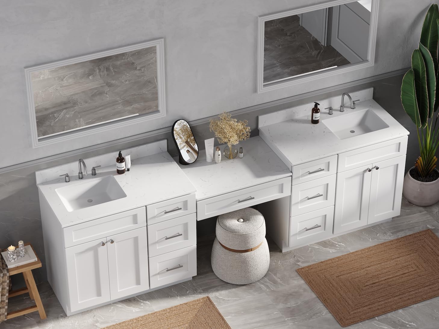 DISAR DSR 108'' Double Bathroom Vanity Cabinet with Carrara Quartz Top White Shaker Style Dovetail Drawers Vanity Desk Solid Wood Plywood MDF 109"x22"x35.25" (108" with Seven Drawers)