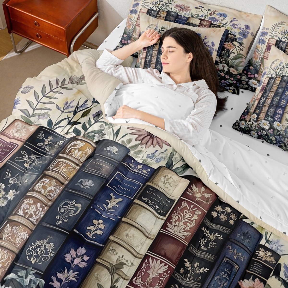 Erosebridal Vintage Book 7 Piece Bedding Set Full Rustic Flowers Comforter Set with Sheets Literary Lover Modern Reading Bed in a Bag Retro Readers Library Bookshelf Bed Sets Comforter