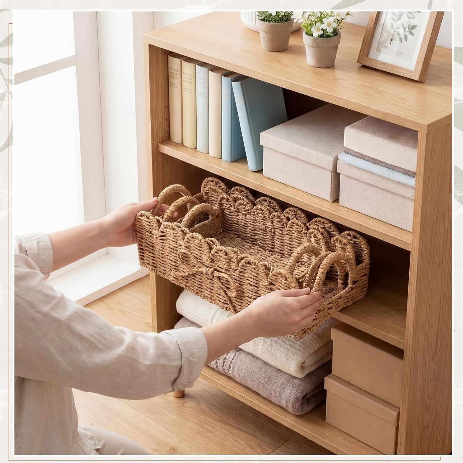 Colingmill 3 Pcs Paper Rope Scalloped Toilet Paper Storage Basket, Decorative Woven Basket with Handle for Over Toilet Shelf Bowknot Organizer Baskets for Living Room Bathroom cottage Bedroom Decor
