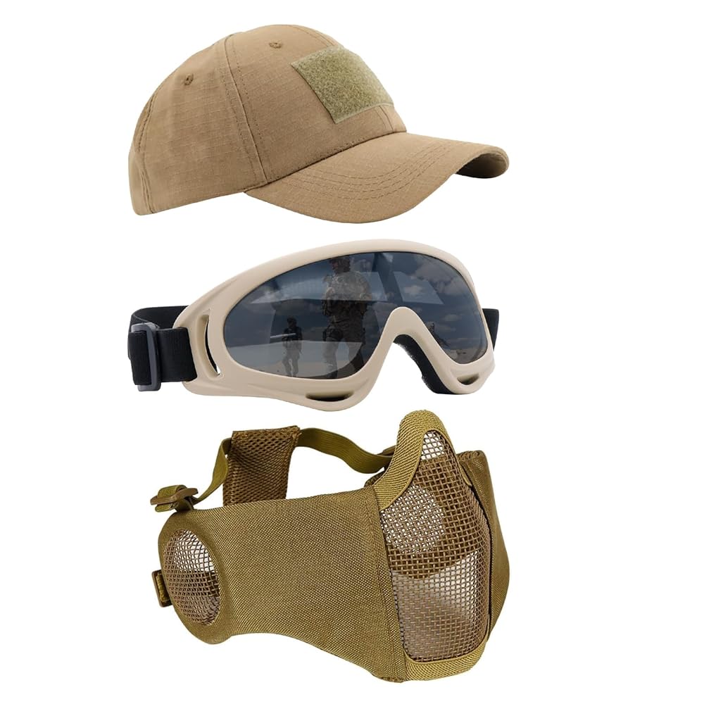 Yzpacc Airsoft Half Face Mask with Goggles Patch Hat Set Tactical Masks Full Face Ear Protective Baseball Cap for CS Halloween and Game