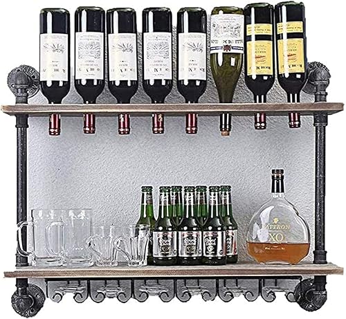 WONOOS - Estantería de pared industrial rústica de pared, soporte para botellas de licor, estante de metal de madera real, estante de pared para