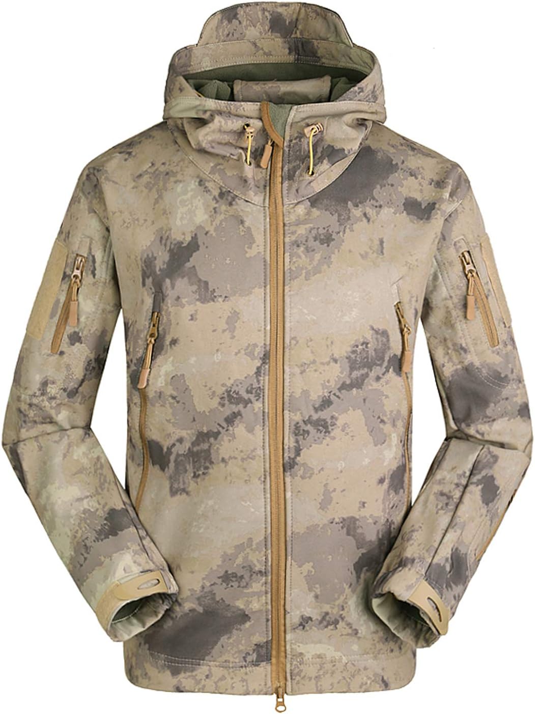 Flygo Men's Men's Tactical Camouflage Hooded Outdoor Fleece Coat Softshell Jacket (Grey Camouflage, Small)