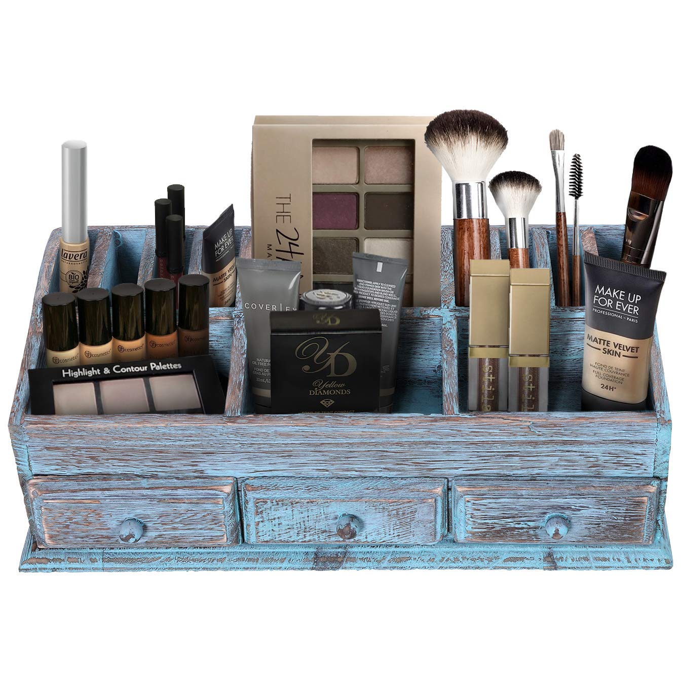 Rustic Wooden Desk Organizer for Home or Office - Makeup Organizer and Storage for Bathroom – Vanity Organizer with 3 Drawers and 6 Compartments – Rustic Blue Workspace Organizer
