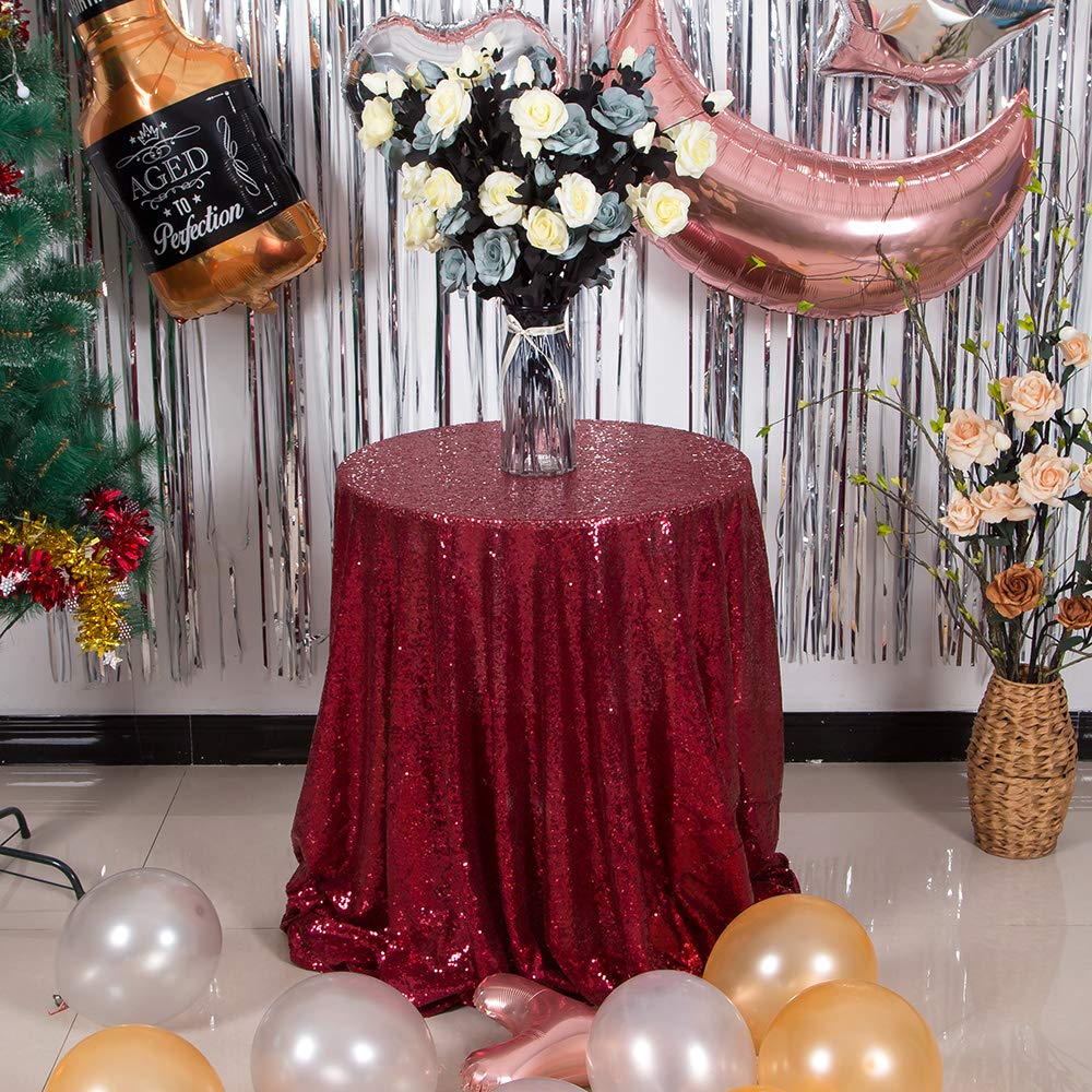 Jyflzq Burgundy Sequin Tablecloth 70" Round Sparkly Drape Table Cloths Table Cover Overlay For Wedding Birthday Party Baby Bridal Shower