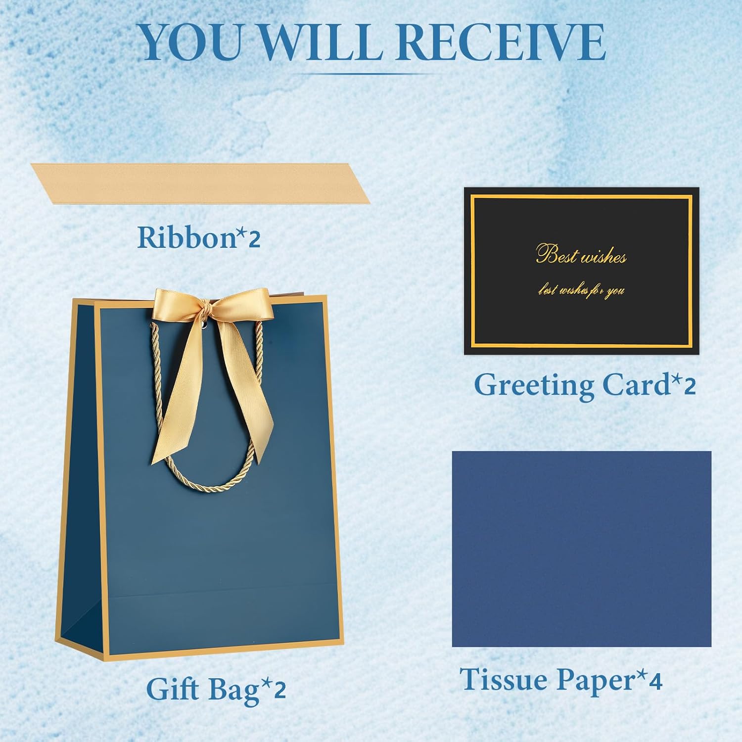 YoungTree 2PCS Medium Gift Bags with Ribbon and 2 Greeting Cards 4 Tissue Papers, Portable Paper Birthday Gift Bags with Handles, Present Bags for Valentines Day Wedding Party Supplies (Blue-Gold) - Image 3